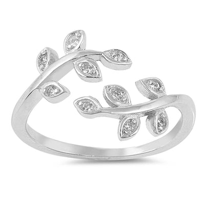 Sterling Silver Leaves Shaped Clear CZ RingAnd Face Height 13mm
