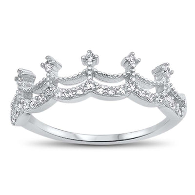 Sterling Silver Crown Shaped Clear CZ Ring, Face Height 6mm