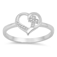 Load image into Gallery viewer, Sterling Silver Cross in Heart Shaped With Clear CZ RingAnd Face Height 11mm