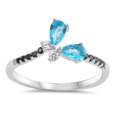 Sterling Silver Blue Topaz And Black Multiple Shaped Clear CZ RingsAnd Face Height 7mm