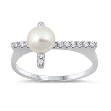 Load image into Gallery viewer, Sterling Silver Cross Shaped Ring With CZ Stones And Freshwater Pearl