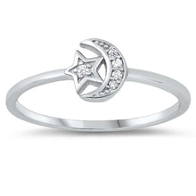 Load image into Gallery viewer, Sterling Silver Moon and Star Cubic Zirconia Ring