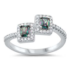 Sterling Silver Double Rectangles With Rainbow Topaz And Cubic Zirconia Ring