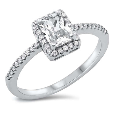 Sterling Silver Rhodium Plated Radiant Halo Cut Chain Link Clear CZ Ring
