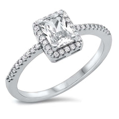 Sterling Silver Rhodium Plated Radiant Halo Cut Chain Link Clear CZ Ring