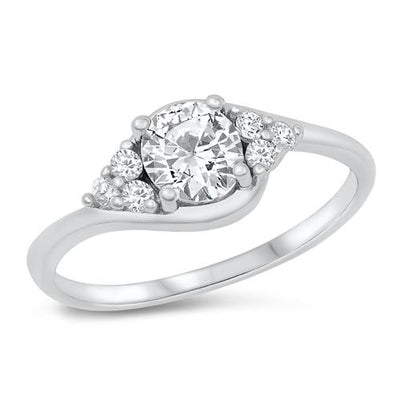 Sterling Silver 6.5mm Round Clear CZ Stone with CZ Clusters Engagement Ring