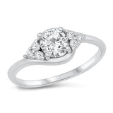 Sterling Silver 6.5mm Round Clear CZ Stone with CZ Clusters Engagement Ring