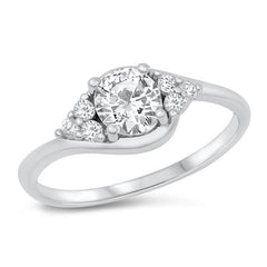 Sterling Silver 6.5mm Round Clear CZ Stone with CZ Clusters Engagement Ring