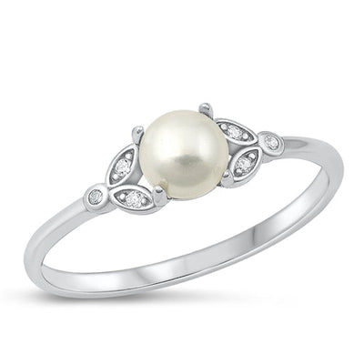 Sterling Silver Rhodium Plated Clear CZ And Pearl Round Ring