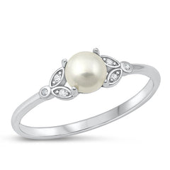 Sterling Silver Rhodium Plated Clear CZ And Pearl Round Ring