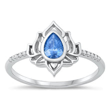 Load image into Gallery viewer, Sterling Silver Rhodium Plated Lotus Blue Topaz Ring