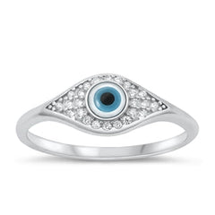 Sterling Silver Rhodium Plated Clear CZ and Mother of Pearl Evil Eye Ring