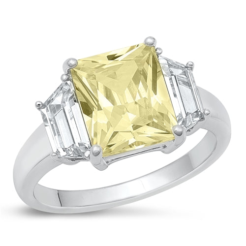 Sterling Silver Rhodium Plated Light Yellow CZ Rectangle Ring