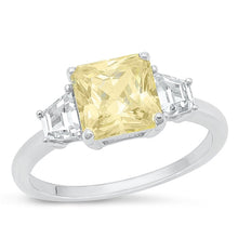 Load image into Gallery viewer, Sterling Silver Rhodium Plated Light Yellow And Clear CZ Square Ring