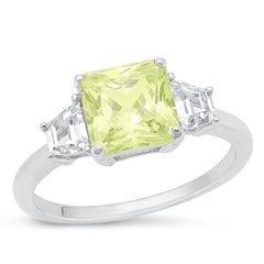 Sterling Silver Rhodium Plated Peridot And Clear CZ Square Ring