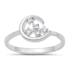 Sterling Silver Rhodium Plated Moon Clear CZ Ring