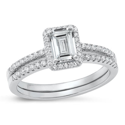 Sterling Silver Rhodium Plated Wedding Set Clear CZ Ring Face Height-8.8mm, Band Width-1.4mm