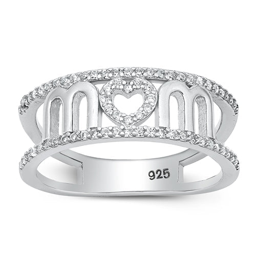 Sterling Silver Rhodium Plated Mom Clear CZ Ring Face Height-7.8mm