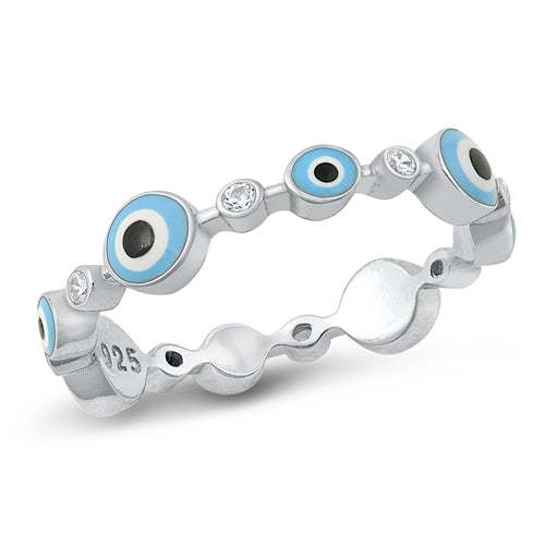 Sterling Silver Rhodium Plated Evil Eye Clear CZ Ring Face Height-4.4mm