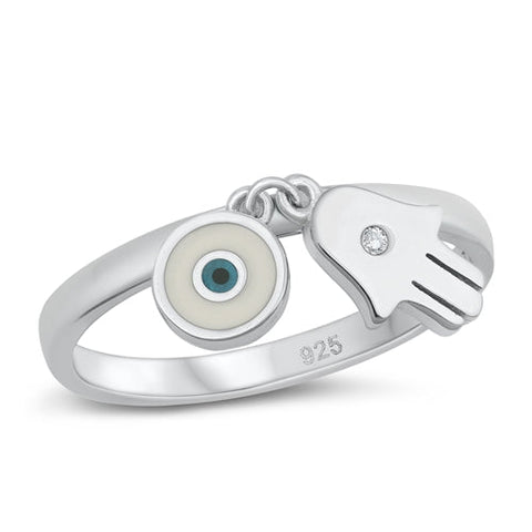 Sterling Silver Rhodium Plated Evil Eye And Hamsa Clear CZ Ring Face Height-9.1mm