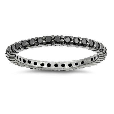 Sterling Silver Black Plated Stackable Ring with Black Simulated Crystals on Half-Bezel Setting with Rhodium FinishAnd Band Width 2MM