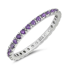 Load image into Gallery viewer, Sterling Silver Rhodium Plated Round Amethyst Wedding Band Shaped Clear CZ RingAnd Band Width 2mm