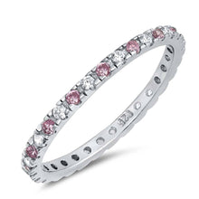 Load image into Gallery viewer, Sterling Silver Rhodium Plated Round Pink Wedding Band Shaped Clear CZ RingAnd Band Width 2mm