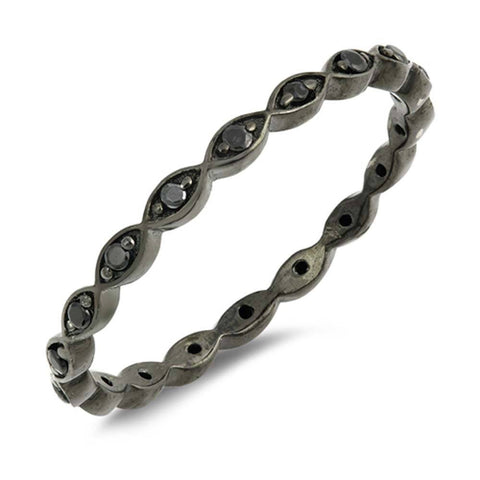 Sterling Silver Black Plated Fancy Stackable Multi Oval Design Ring with Black Simulated Crystals on Prong Setting with Rhodium FinishAnd Band Width 2MM