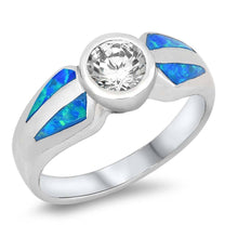 Load image into Gallery viewer, Sterling Silver Round Blue Lab Opal Rings With CZ StoneAnd Face Height 8mmAnd Face Width 20mm