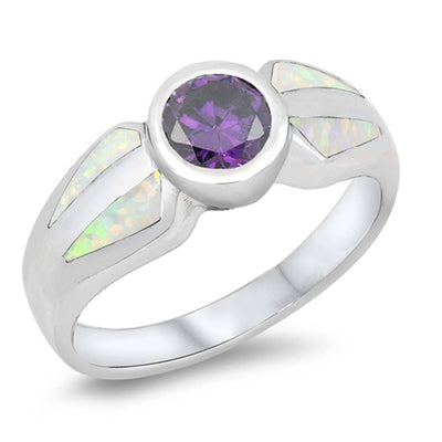 Sterling Silver Round White Lab Opal Rings With Blue Sapphire CZ StoneAnd Face Height 8mmAnd Face Width 19mm