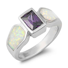 Load image into Gallery viewer, Sterling Silver Square Shape White Lab Opal Rings With Blue Sappphire StoneAnd Face Height 9mmAnd Band Width 4mm