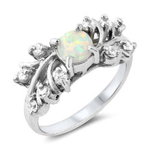 Load image into Gallery viewer, Sterling Silver Round And Leaf Shape White Lab Opal RingsAnd Face Height 9mmAnd Band Width 2mm