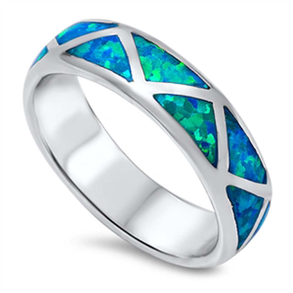 Sterling Silver Wedding Band Blue Lab Opal RingsAnd Band Width 6mm