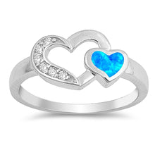 Load image into Gallery viewer, Sterling Silver Two Hearts Shaped Blue Silver Lab Opal Ring