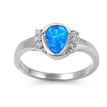 Load image into Gallery viewer, Sterling Silver Fancy Modish Blue Lab Opal Pear Shape Bezel Set with Clear CZ Ring And Face Height of 9MM