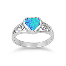 Load image into Gallery viewer, Sterling Silver Fancy Vintage Style Blue Lab Opal Heart Shape Bezel Set with Filigree Design RingAnd Face Height of 8MM