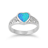 Sterling Silver Fancy Vintage Style Blue Lab Opal Heart Shape Bezel Set with Filigree Design RingAnd Face Height of 8MM