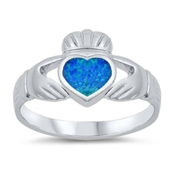 Sterling Silver Modish Claddagh with Blue Lab Opal RingAnd Face Height of 11MM