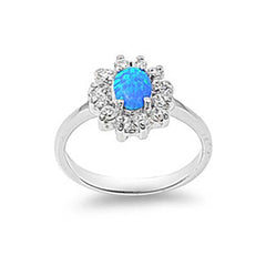 Sterling Silver Elegant Design Blue Lab Opal Oval Cut with Halo Clear CZ RingAnd Face Height of 13MM
