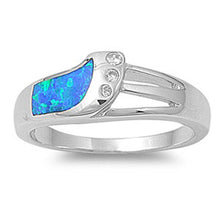 Load image into Gallery viewer, Sterling Silver Blue Lab Opal Inlay with Clear CZ Fancy Band RingAnd Face Height of 7MM