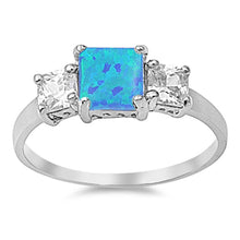 Load image into Gallery viewer, Sterling Silver Modern Style Three Princess Cut Stone Blue Lab Opal and Clear CZ Ring with Face Height of 7MM