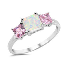 Load image into Gallery viewer, Sterling Silver Prong Set Princess Cut Clear CZ Fancy Ring with a Prong Set Square White Lab Opal in the CenterAnd Ring Face Height of 7MM
