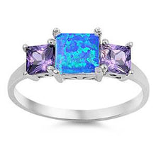 Load image into Gallery viewer, Sterling Silver Three Princess Cut Blue Lab Opal Rings With Amethyst CZAnd Face Height 7mm