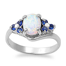 Load image into Gallery viewer, Sterling Silver Elegant Style White Lab Opal Oval Cut with Blue Sapphire CZ Stone RingAnd Face Height of 10MM