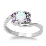 Sterling Silver Stylish Centered White Lab Opal Oval Cut with Round Amethyst Side Stones Bypass Band RingAnd Face Height of 9MM