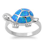 Sterling Silver Fashion Turtle Inlay with Blue Lab Opal and Clear Cz RingAnd Face Height of 11MM