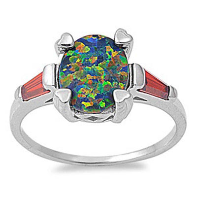 Sterling Silver Stylish Black Lab Opal Oval Cut with Garnet CZ Baguette Fancy Filigree Solitaire RingAnd Face Height of 10MM