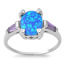 Load image into Gallery viewer, Sterling Silver Stylish Blue Lab Opal Oval Cut with Amethyst CZ Baguette Fancy Filigree Solitaire RingAnd Face Height of 10MM