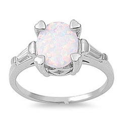 Sterling Silver Stylish White Lab Opal Oval Cut with Clear CZ Baguette Fancy Filigree Solitaire RingAnd Face Height of 10MM