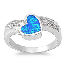 Load image into Gallery viewer, Sterling Silver Fancy Blue Lab Opal Sideway Heart Shape Bezel Set with Clear CZ Inlay Bypass Band RingAnd Face Height of 9MM